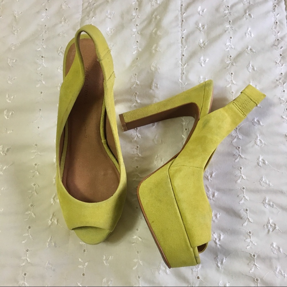 Zara Chartreuse Suede Peep Toe Slingback Platforms